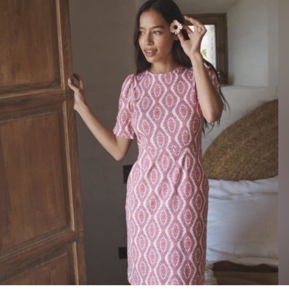 Boden Zoe Jersey Midi Dress Womens 14L Pink White Geometric Damask Preppy